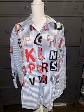 Signature 8 Blue White Striped Typography Oversized Button Down Shirt